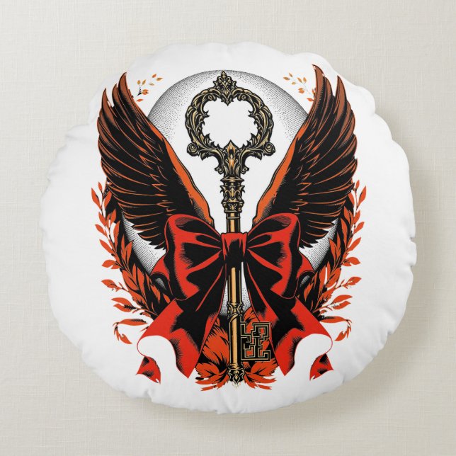 Gothic Velvet Bow Key with Wings & Moon Round Pillow (Front)