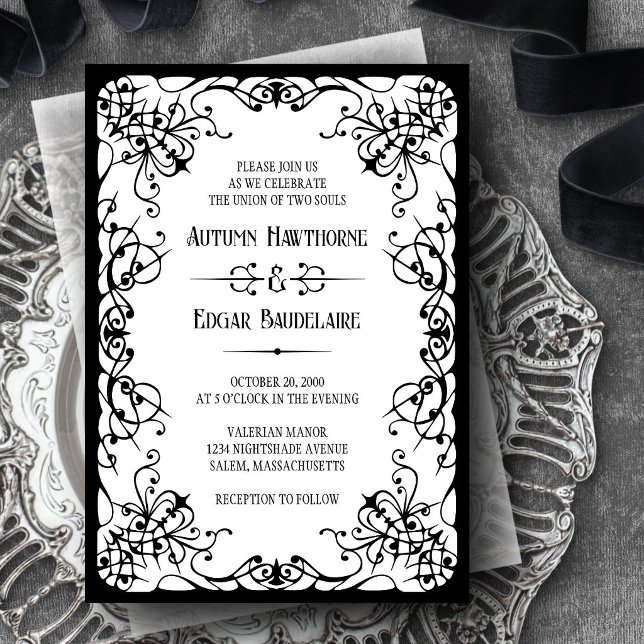 Gothic Victorian Black White Wedding Invitation (Creator Uploaded)
