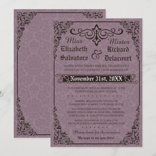 Gothic Victorian Damask Wedding Invitation (Front/Back)