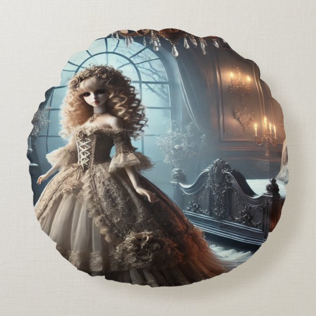  Gothic Victorian Doll – Enchanted Dark Round Pillow (Front)