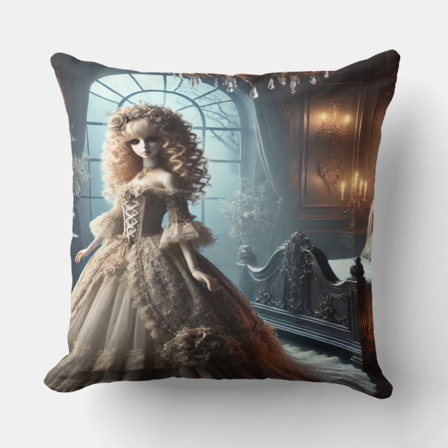  Gothic Victorian Doll – Enchanted Dark Throw Pillow (Front)