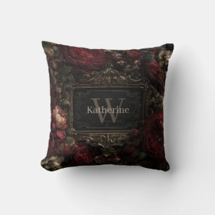 Gothic Victorian Frame with Dark Red Roses Throw Pillow