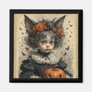 Gothic Victorian Girl Bat Ears & Pumpkin Halloween Magnet