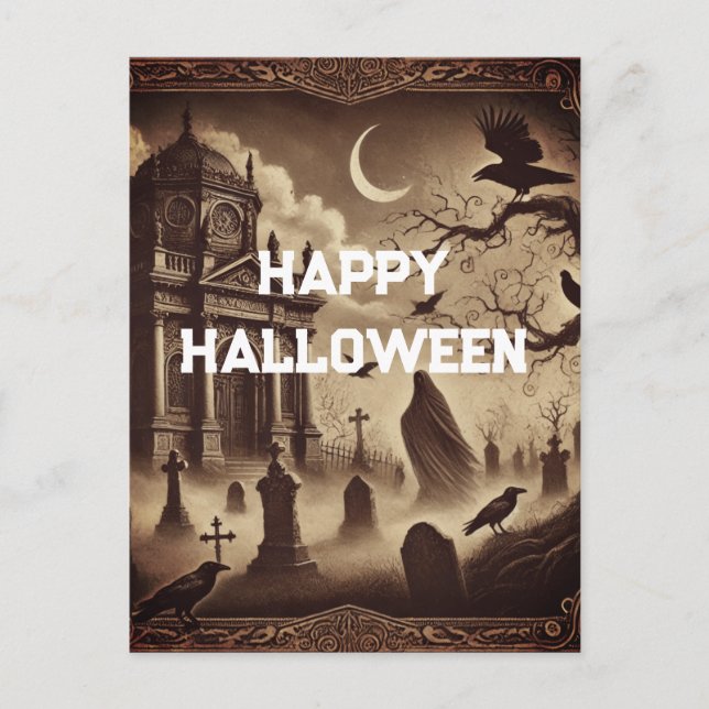 Gothic Victorian Graveyard Happy Halloween Holiday Postcard (Front)