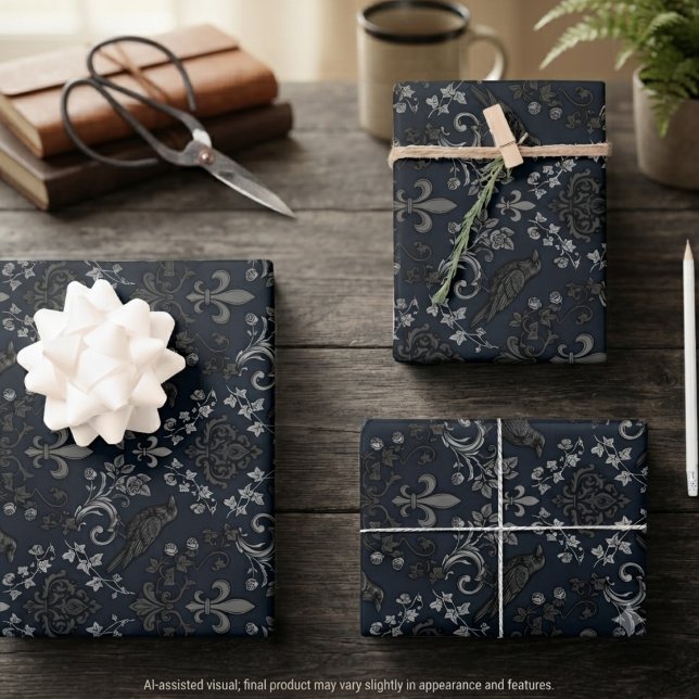 Gothic Victorian Midnight Raven Fleur-de-lis Wrapping Paper Sheet (Moody raven and fleur-de-lis wrapping paper for dark academia celebrations.)