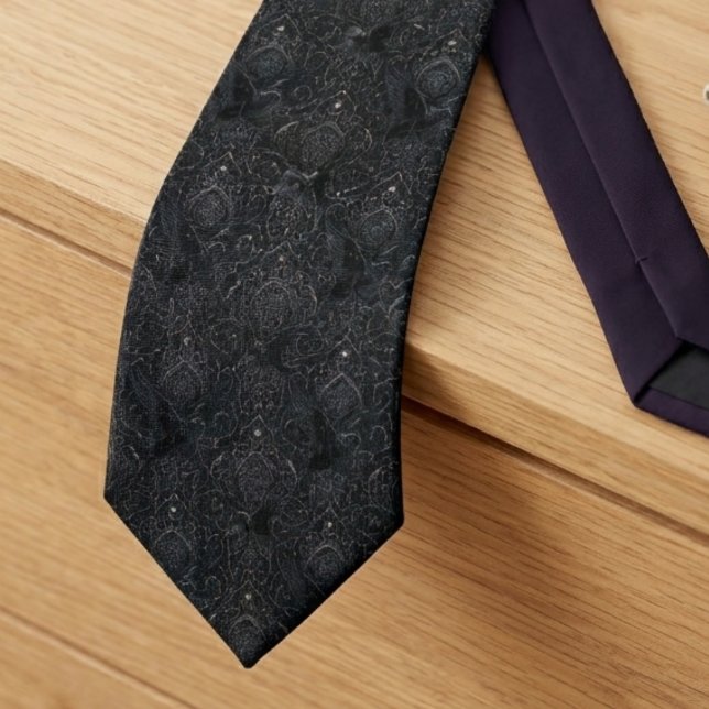 Gothic Victorian Raven Damask Tie (Gothic raven damask necktie for an alternative groom at a dark romantic wedding.)