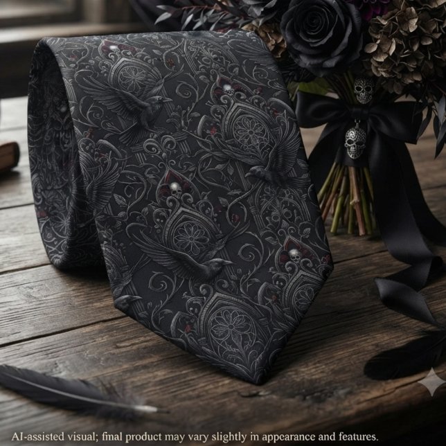 Gothic Victorian Raven Damask Tie (Gothic raven damask necktie for an alternative groom at a dark romantic wedding.)