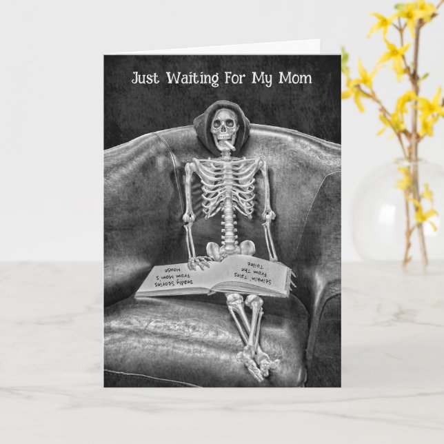 Gothic Vintage Black And White Funny Skeleton Card (Yellow Flower)