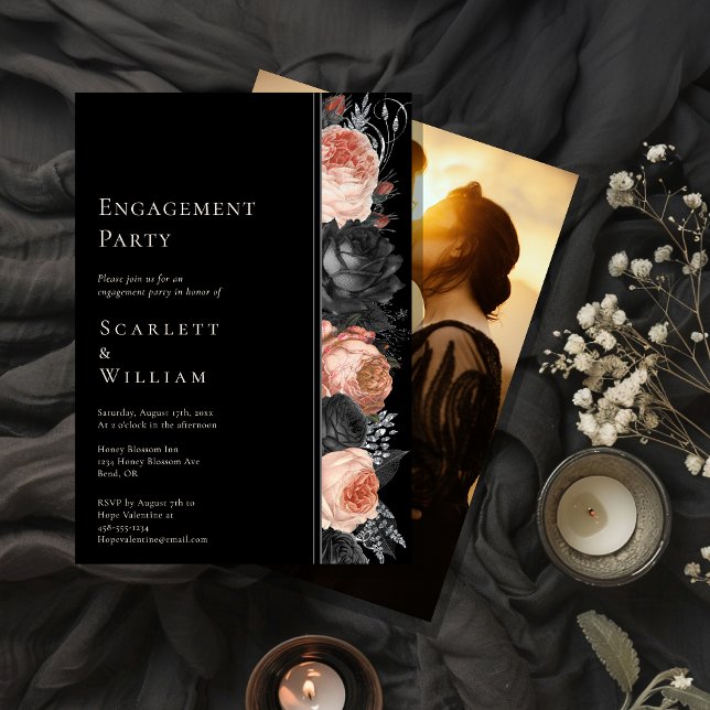 Gothic Vintage Black Blush Photo Engagement Party Invitation (Creator Uploaded)