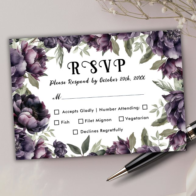 Gothic Vintage Black Dark Peony Wedding RSVP Card (Creator Uploaded)