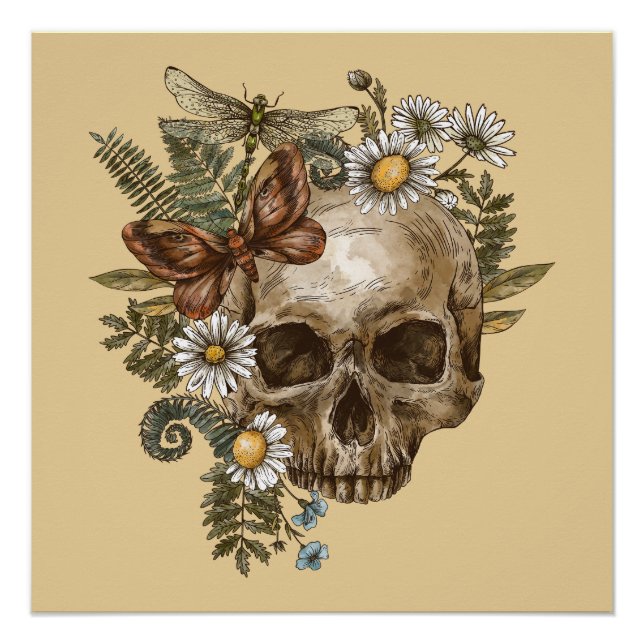 gothic vintage flower skull and butterflies poster (Front)