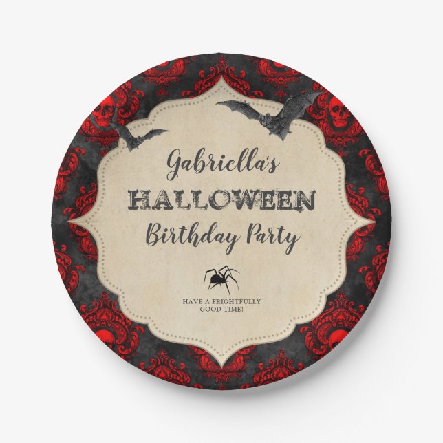 Gothic Vintage Halloween Bats Birthday Party Paper Plate (Front)