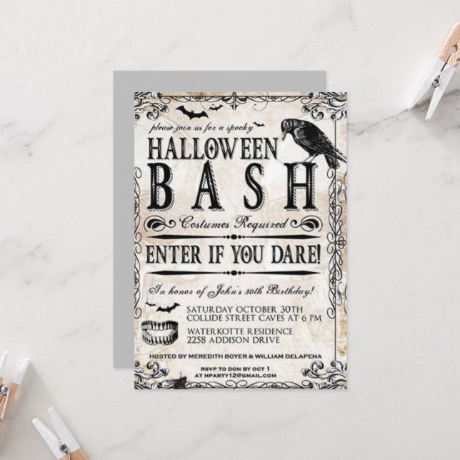 Gothic Vintage Halloween Birthday Party  Invitation (Front/Back In Situ)