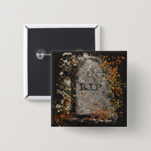 Gothic Vintage R.I.P. Headstone And Fall Leaves 2 Inch Square Button