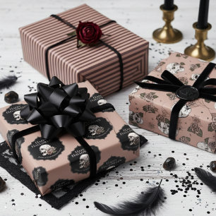 Gothic Vintage Rose Skulls and Stripes Halloween  Wrapping Paper Sheet