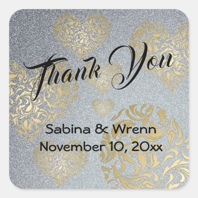 Gothic Vintage Silver Gold Thank You Square Sticker (Front)