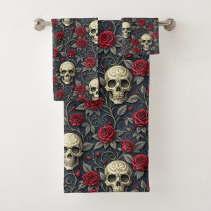 Gothic Vintage Skull and Red Roses Floral Bath Towel Set