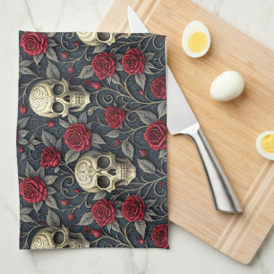 Gothic Vintage Skull and Red Roses Floral Kitchen Towel
