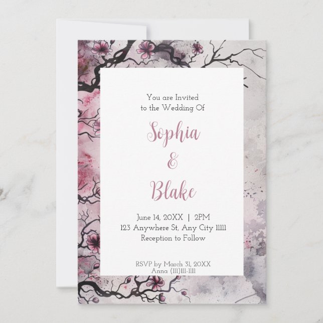 Gothic Watercolor Bare Branches Alt Wedding Invitation (Front)