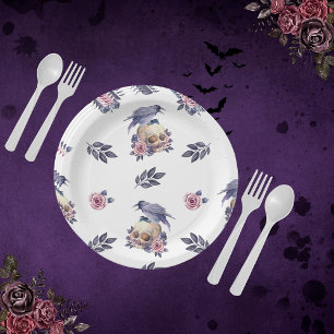 Gothic Watercolor Coffin & Raven Design Paper Plate