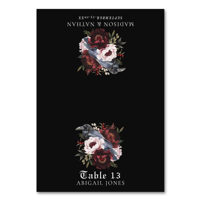 Gothic Watercolor Raven Floral Wedding Place Card (Front)