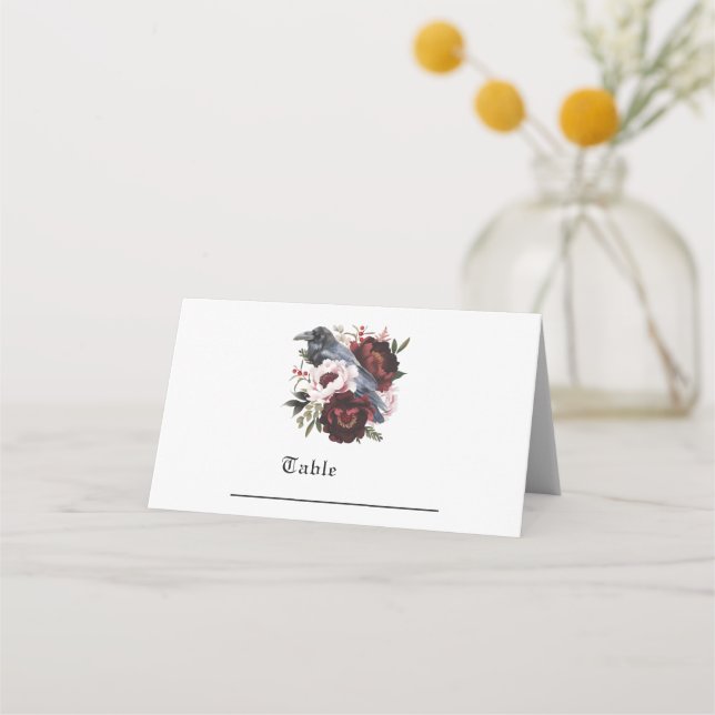 Gothic Watercolor Raven Floral Wedding Place Card (Front)