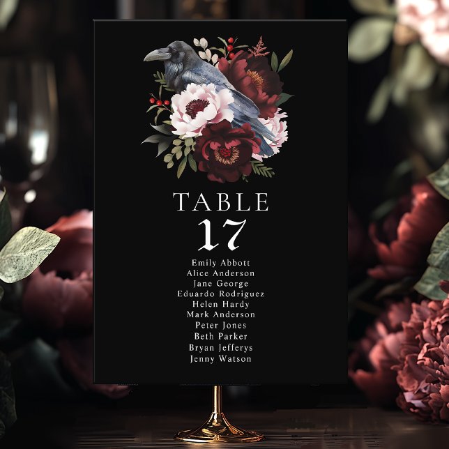 Gothic Watercolor Raven Floral Wedding Seating  Table Number (Creator Uploaded)