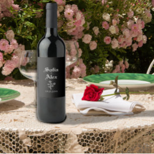 Gothic watercolor roses black wedding wine label