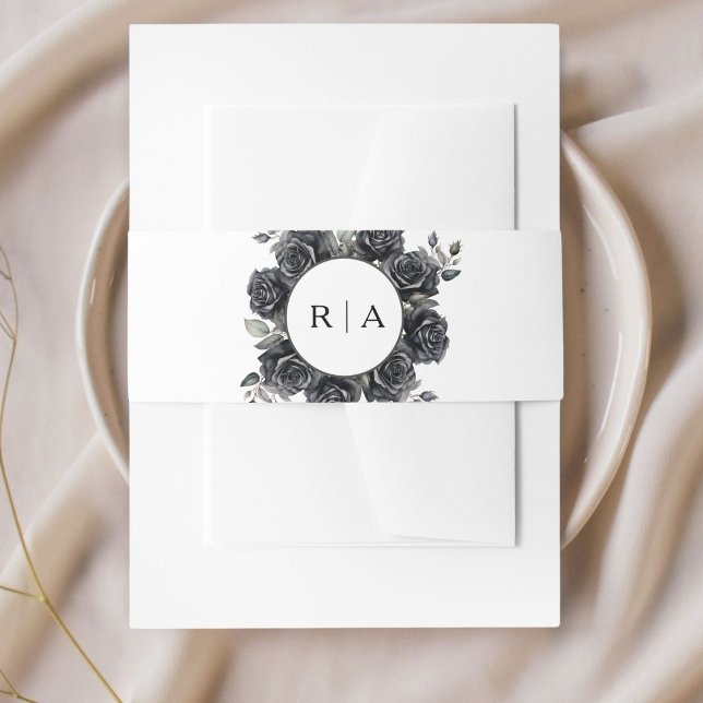 Gothic Wedding Black Flowers Invitation Belly Band (Creator Uploaded)