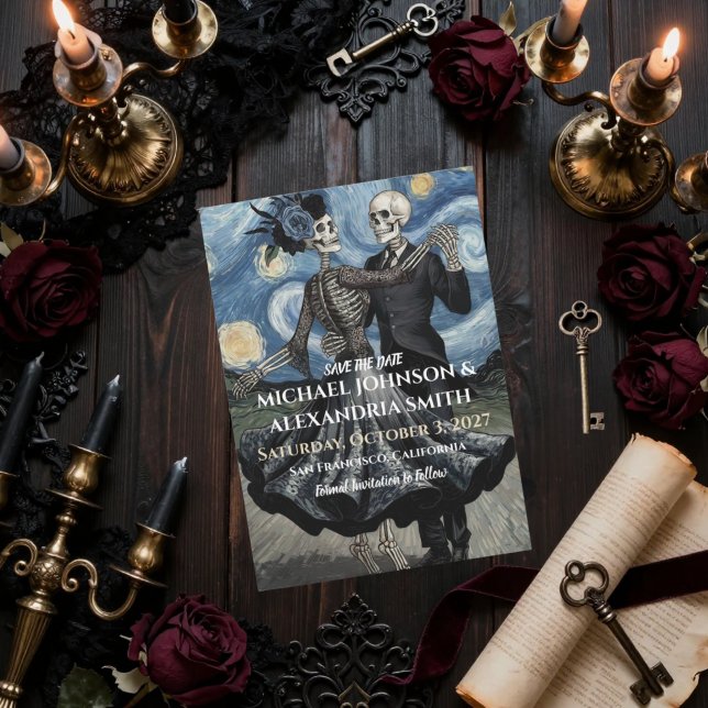 Gothic Wedding Cute Skeletons Dance Van Gogh Style Save The Date (Creator Uploaded)