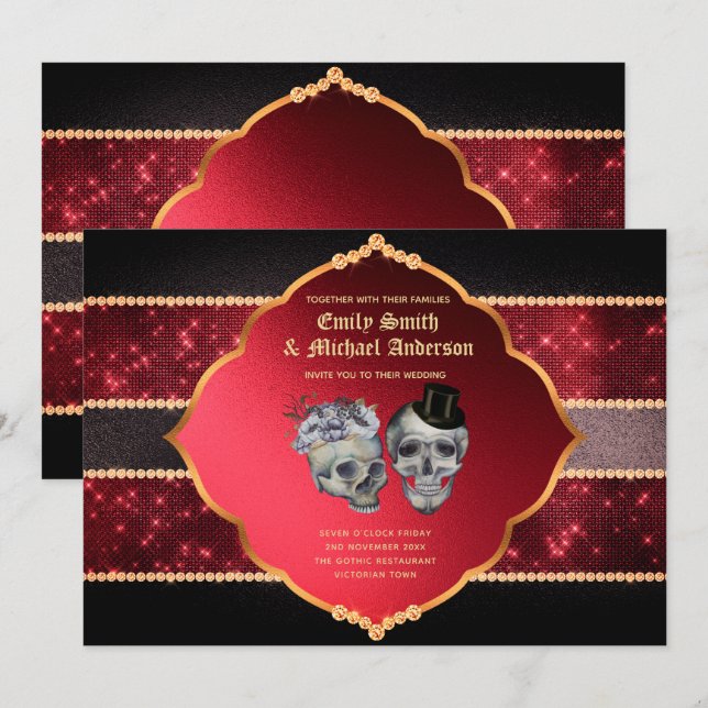 Gothic Wedding Deep Red Grey Gold Skulls Invitation (Front/Back)