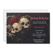 Gothic wedding invite with skulls and roses