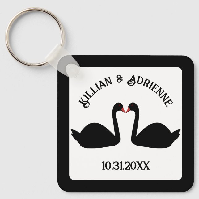 Gothic Wedding Kissing Black Swans Custom Keychain (Front)