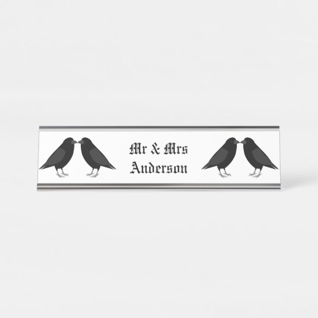 Gothic Wedding Kissing Ravens Custom Desk Name Plate (Front)