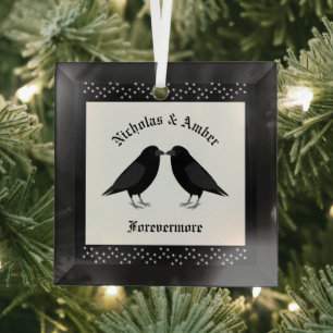 Gothic Wedding Kissing Ravens Custom Glass Ornament