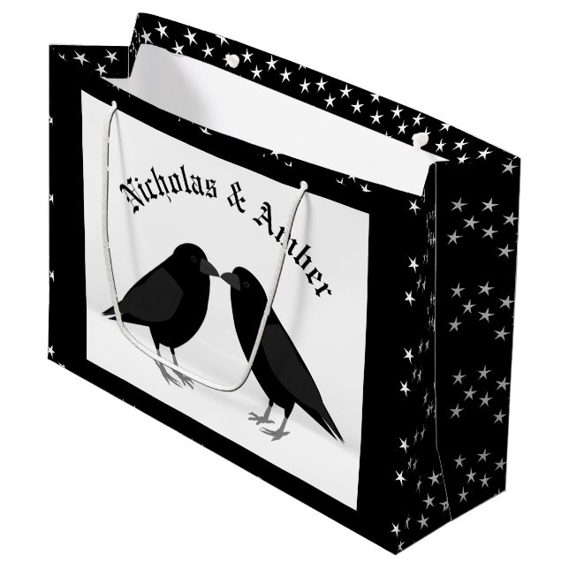 Gothic Wedding Kissing Ravens Custom Large Gift Bag (Front Angled)
