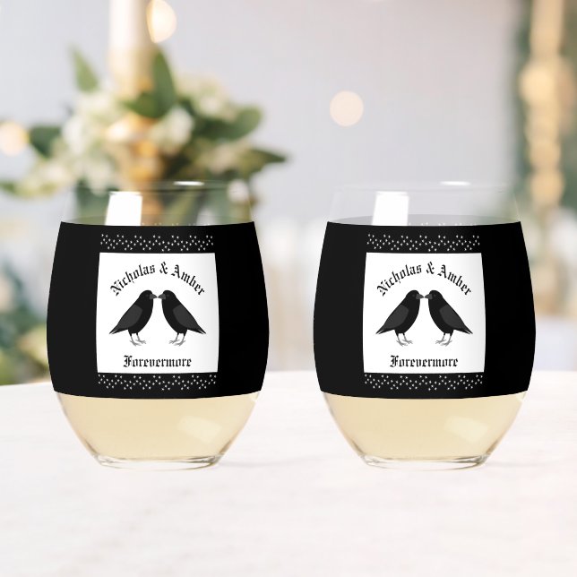 Gothic Wedding Kissing Ravens Custom Stemless Wine Glass (Insitu (Wedding))