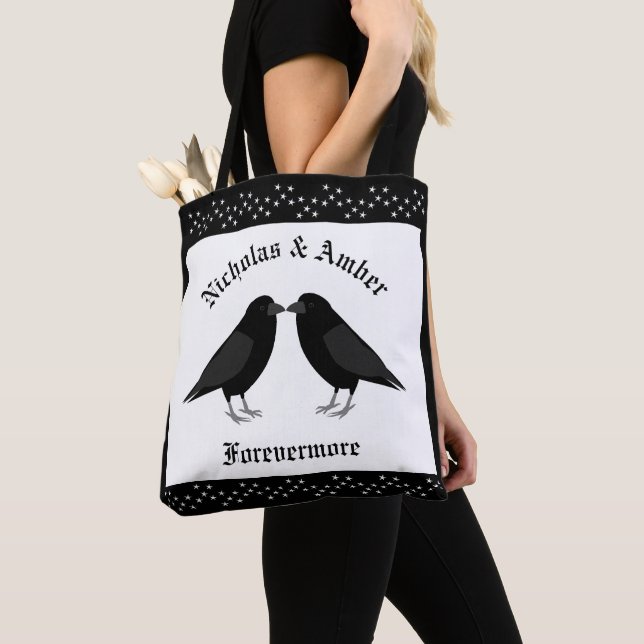 Gothic Wedding Kissing Ravens Double Sided Tote Bag (Close Up)