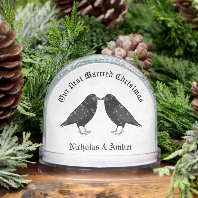 Gothic Wedding Kissing Ravens First Married Xmas Snowglobe (Winter)