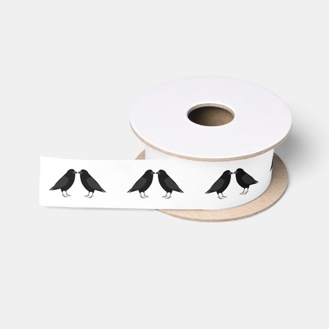 Gothic Wedding Kissing Ravens Patterned Satin Ribbon (Spool)