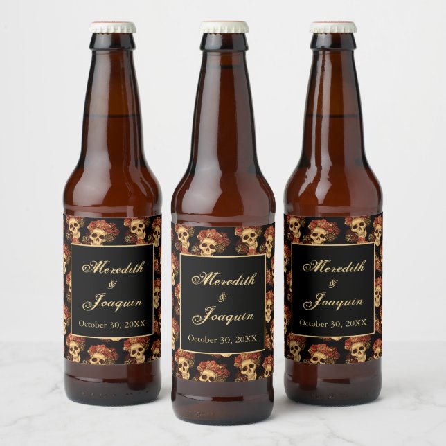 Gothic Wedding Skulls Black Red Rose Custom Beer Bottle Label (Bottles)