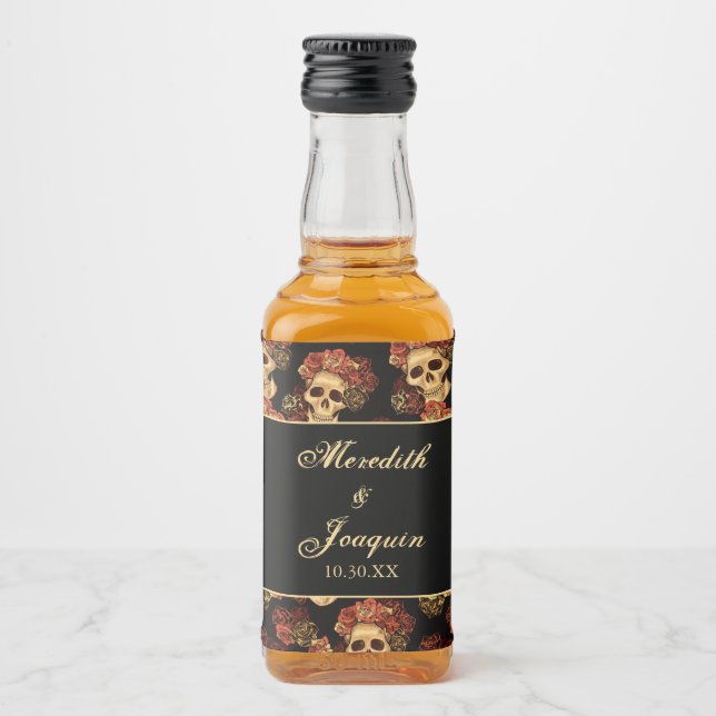 Gothic Wedding Skulls Black Red Rose Custom Liquor Bottle Label (Front)