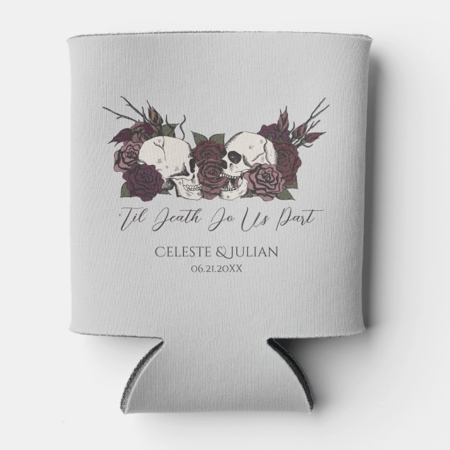 Gothic Wedding Skulls & Roses Grey  Can Cooler (Front)