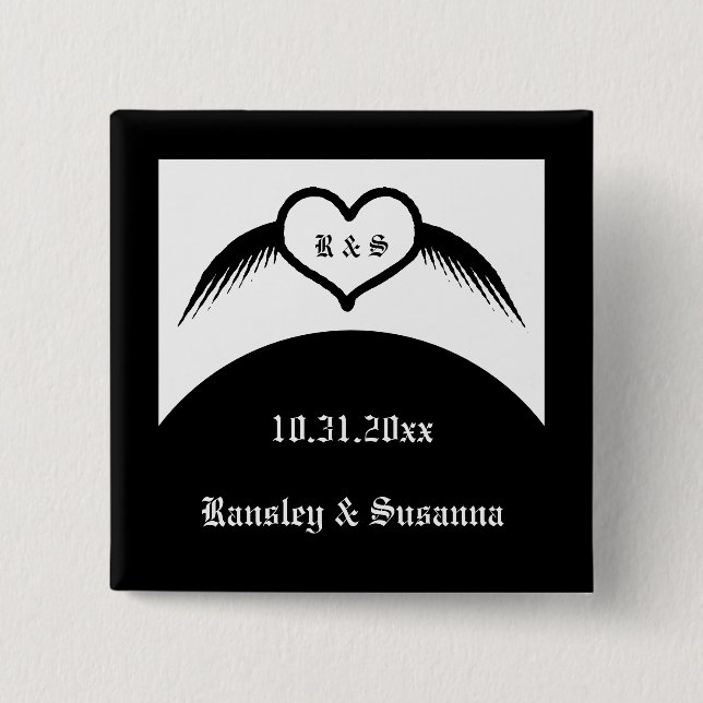Gothic Wedding Winged Heart Custom Monogrammed 2 Inch Square Button (Front)