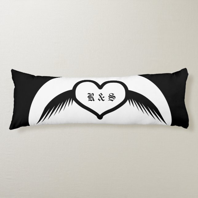 Gothic Wedding Winged Heart Custom Monogrammed Body Pillow (Front)