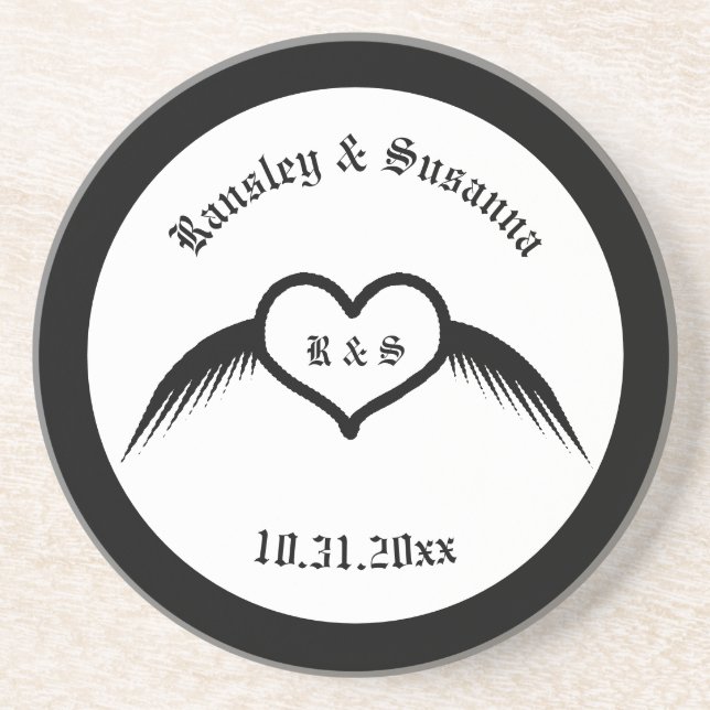 Gothic Wedding Winged Heart Custom Monogrammed Coaster (Front)