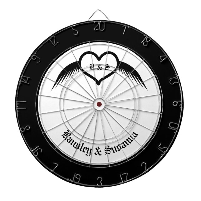 Gothic Wedding Winged Heart Custom Monogrammed Dartboard (Front)