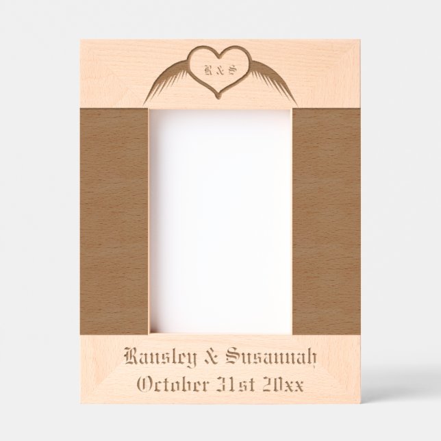 Gothic Wedding Winged Heart Custom Monogrammed Etched Frames (Front)