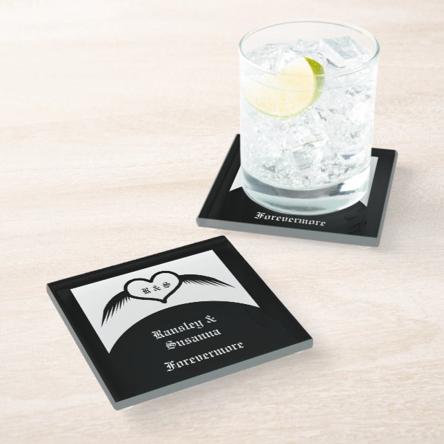 Gothic Wedding Winged Heart Custom Monogrammed Glass Coaster (Angled)