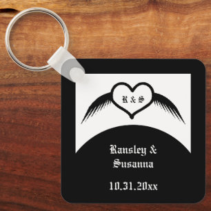 Gothic Wedding Winged Heart Custom Monogrammed Keychain